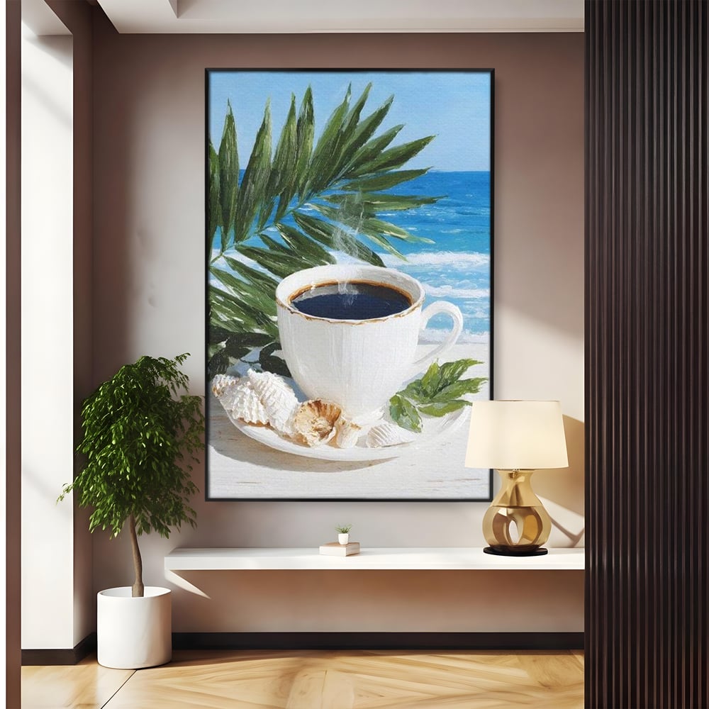 Tablou canvas cu tablou canvas cu ceasca de cafea pe plaja, in rama de aluminiu negru